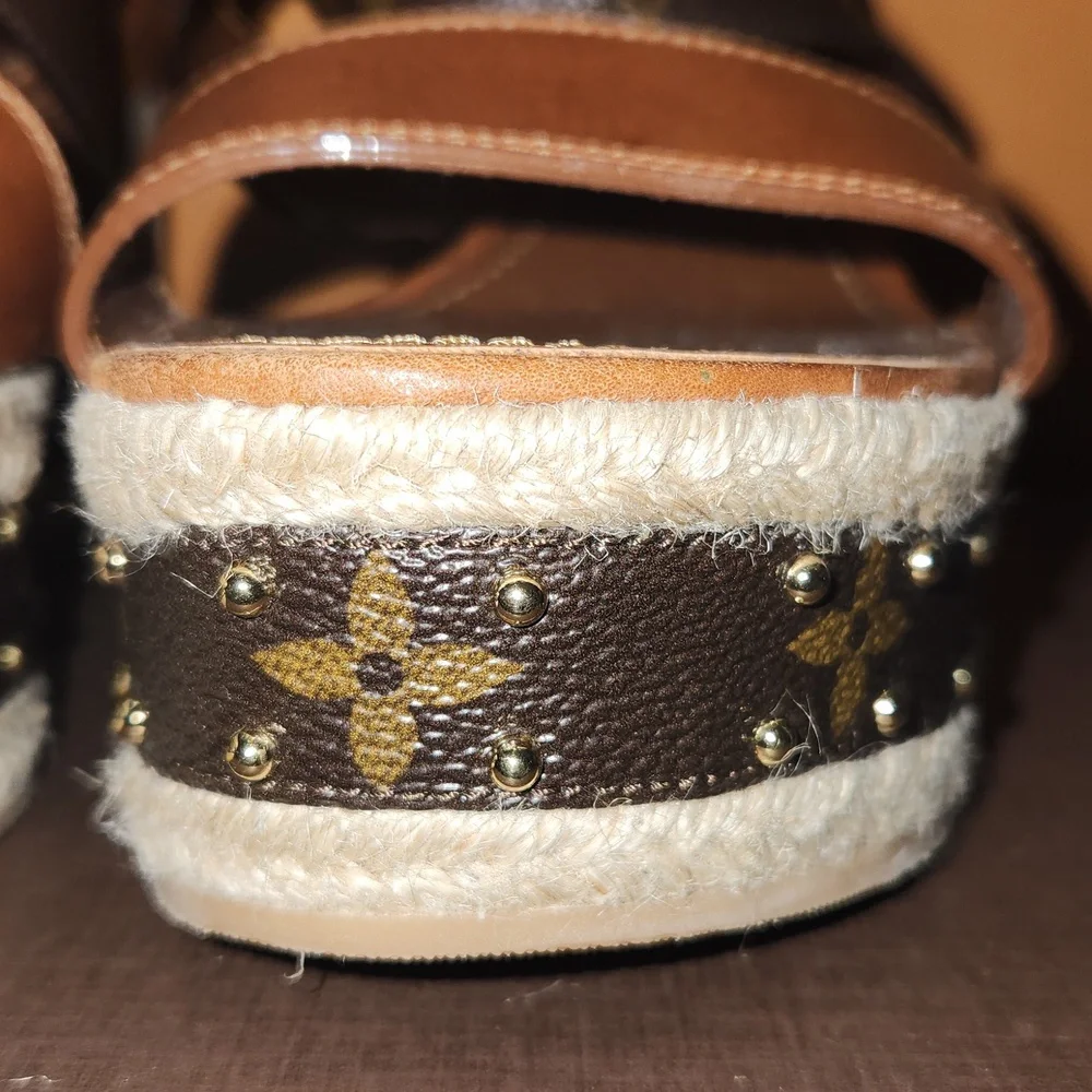 Louis Vuitton Brown Monogram Leather Platform Espadrille Sandals